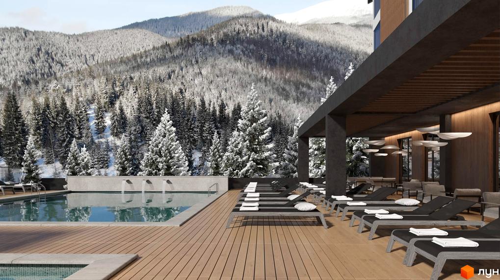 Меланіт Резорт & СПА — будівля з панорамними вікнами та басейном, навколо якого розташовані шезлонги. На фоні засніжені гори та ліс.