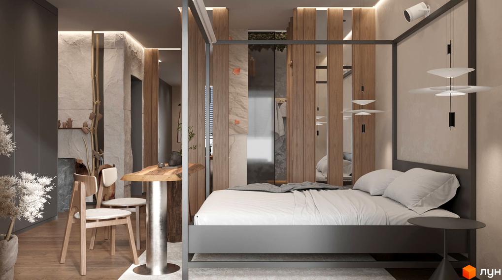 Інтер'єр спальні в апарт-комплексі „Меланіт Резорт & СПА“. Простора спальня з ліжком, тумбочкою та дизайнерськими світильниками.