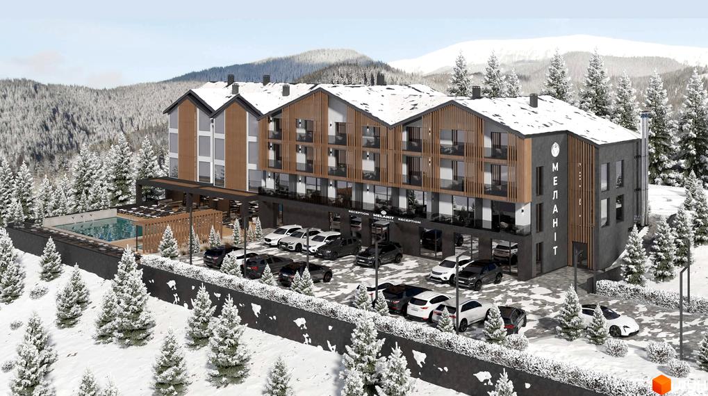 Апарт-комплекс „Меланіт Резорт & СПА“: багатоповерхова будівля з темно-сірим фасадом та дерев'яними елементами. Навколо засніжені дерева, відкритий басейн та паркінг.