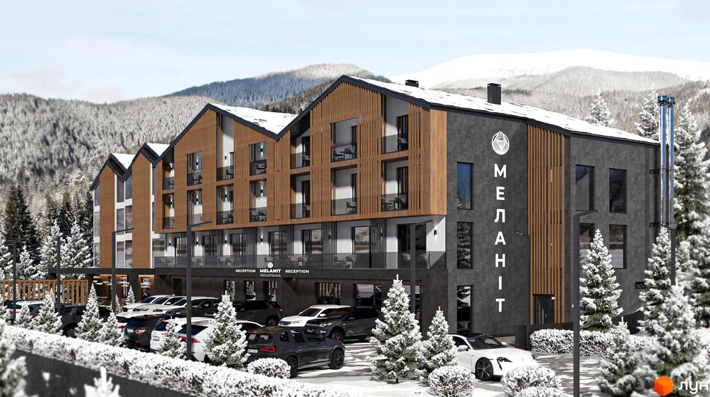 Зображення житлового комплексу Melanit Resort & SPA. Будівля з дерев'яним оздобленням, балконами та панорамними вікнами. На території сніг, ялинки та парковка.