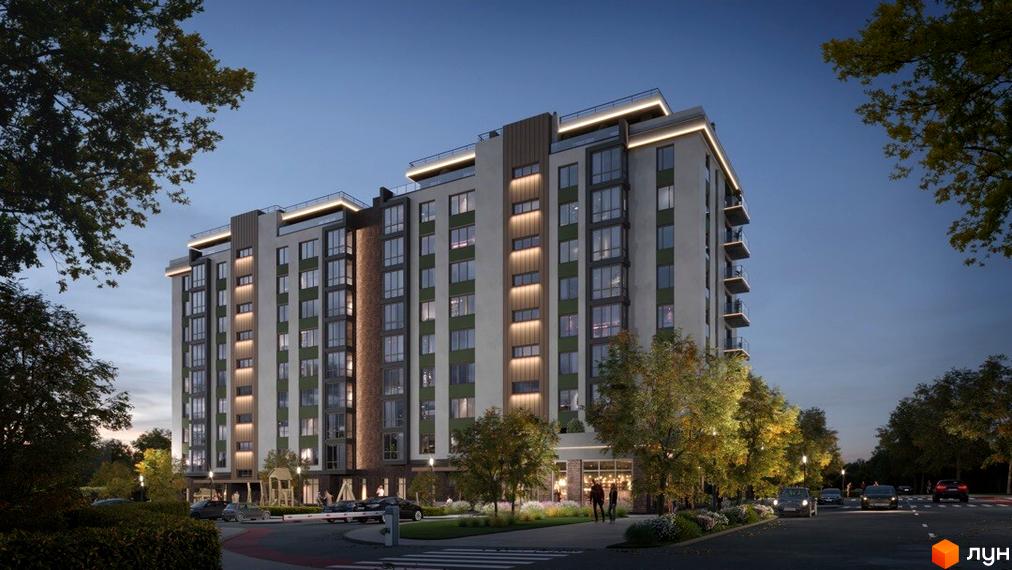 Житловий комплекс Паркова Долина ввечері, багатоповерховий будинок зі світлим фасадом та підсвічуванням. Навколо зелені насадження, дорога та освітлення.