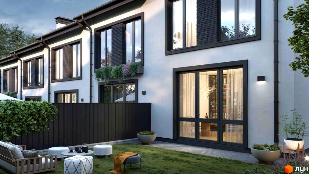 Зображення будинку таунхауса Т-35 з білими стінами, чорними вікнами та дверима. На прибудинковій території газон, декоративні рослини та зона відпочинку.
