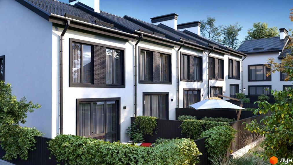 Ряд білих таунхаусів Т-35 з темними дахами та віконними рамами. Перед будинками розташовані зелені насадження та огороджена територія з парасолькою.