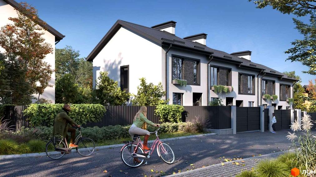 Таунхауси Т-35 з білими фасадами та темними дахами, оточені зеленою прибудинковою територією з дорогою та велосипедистами.