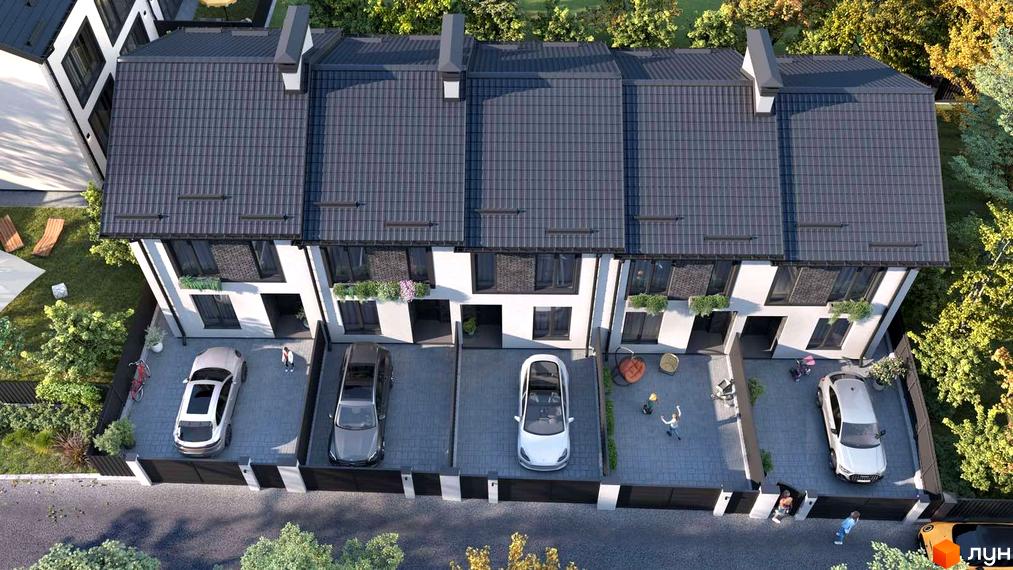 Зображення сторінки житлового комплексу Таунхауси Т-35. Триповерхові будинки з темною покрівлею та паркувальними місцями перед входом, на прибудинковій території зелені насадження.