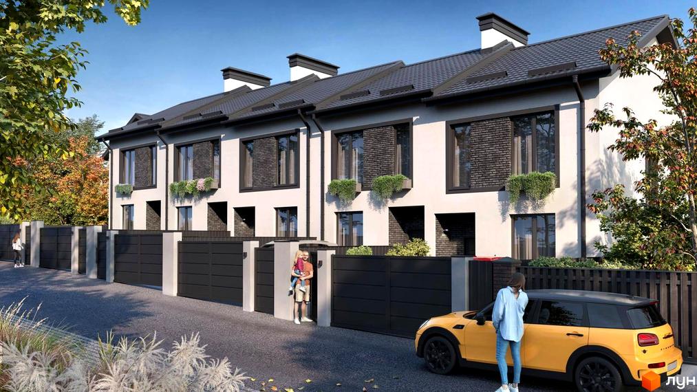 Ряд двоповерхових таунхаусів Таунхауси Т-35 зі світлими фасадами та темними дахами. Перед будинками розташовані чорні ворота та доріжка.