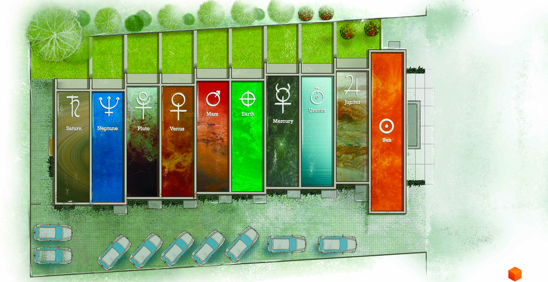 Котеджне містечко KM KADENYUK homes: вид зверху на житлові секції з фасадами, що імітують планети, та парковку з автомобілями.