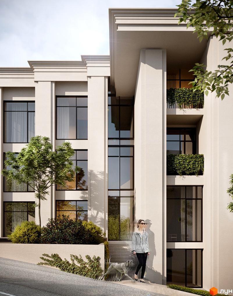 Фасад багатоповерхового будинку Житлового комплексу PANORAMA зі світлими стінами, великими вікнами та зеленими балконами. Навколо будинку ростуть дерева та кущі, є дорога.