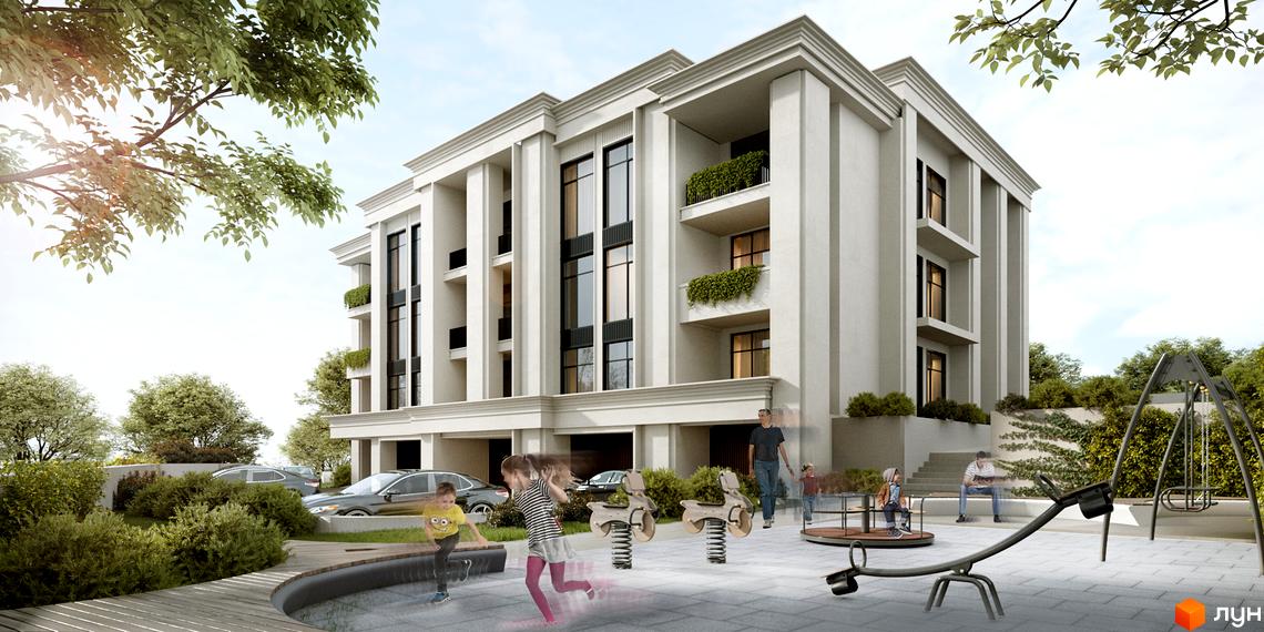Житловий комплекс PANORAMA з елегантною фасадною архітектурою та зеленою прибудинковою територією з дитячим майданчиком.