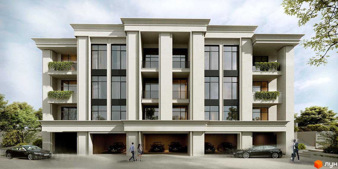 Зображення фасаду Житлового комплексу PANORAMA з великими вікнами та балконами з озелененням. На передньому плані автомобілі та люди.