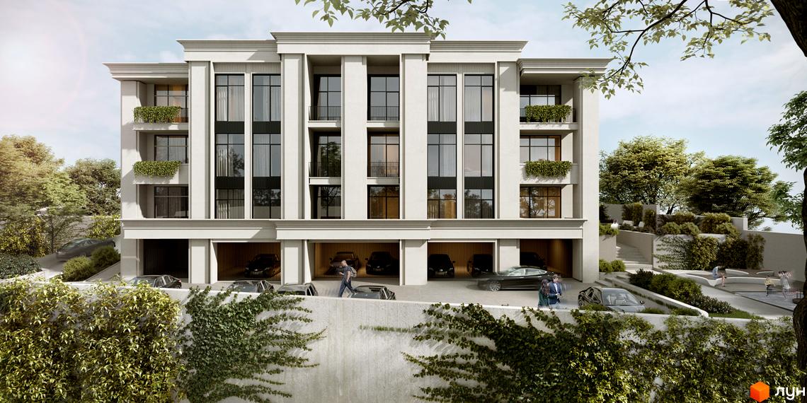 Зображення фасаду Житлового комплексу PANORAMA з великими вікнами та балконами. На передньому плані зелені насадження та припарковані автомобілі.