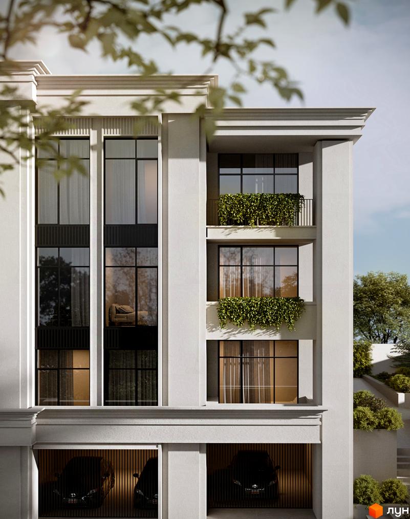 Житловий комплекс PANORAMA: світлий будинок з великими вікнами, балконами та підземним паркінгом, оточений зеленими насадженнями.