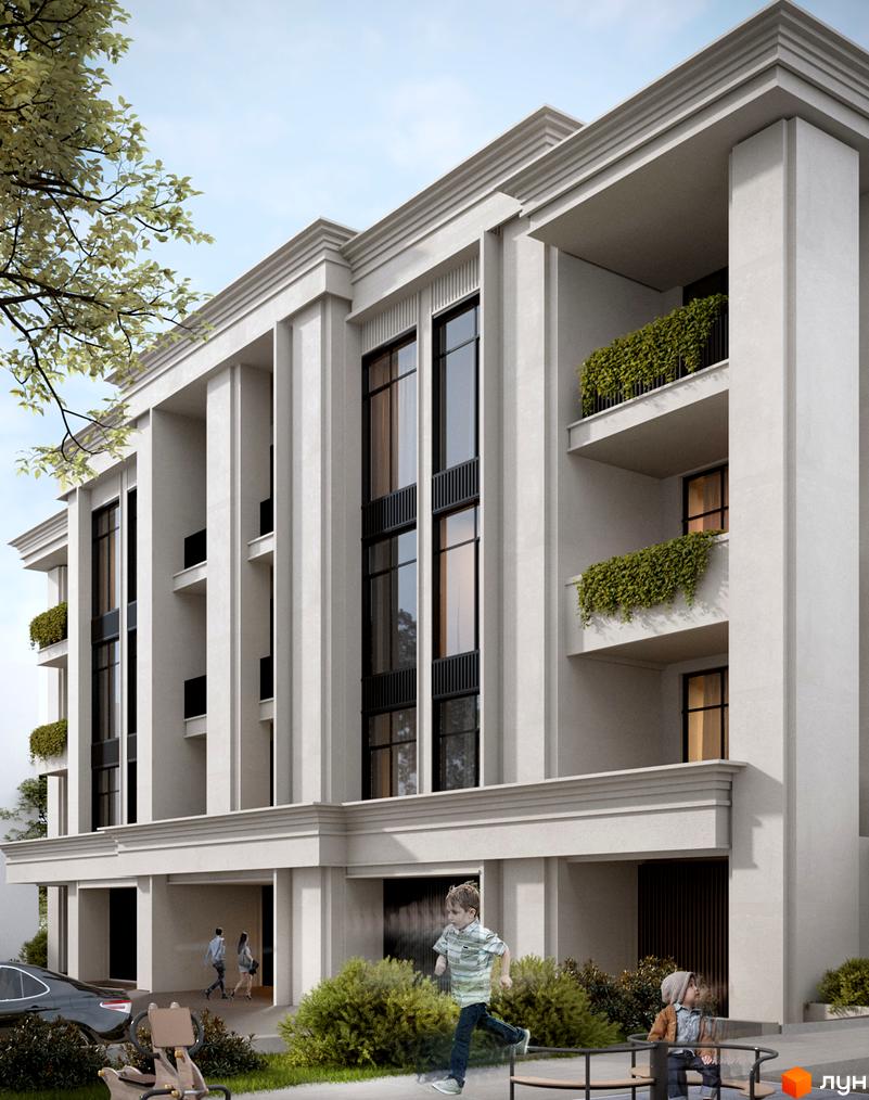 Житловий комплекс PANORAMA з світлим фасадом, великими вікнами та балконами з рослинами. На прибудинковій території є зелені насадження та дитячий майданчик.