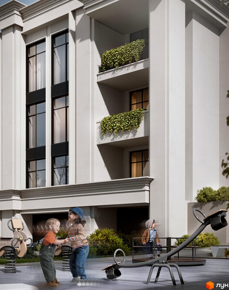 Житловий комплекс PANORAMA: світлий багатоквартирний будинок з великими вікнами та балконами, прикрашеними зеленню. На прибудинковій території дитячий майданчик.