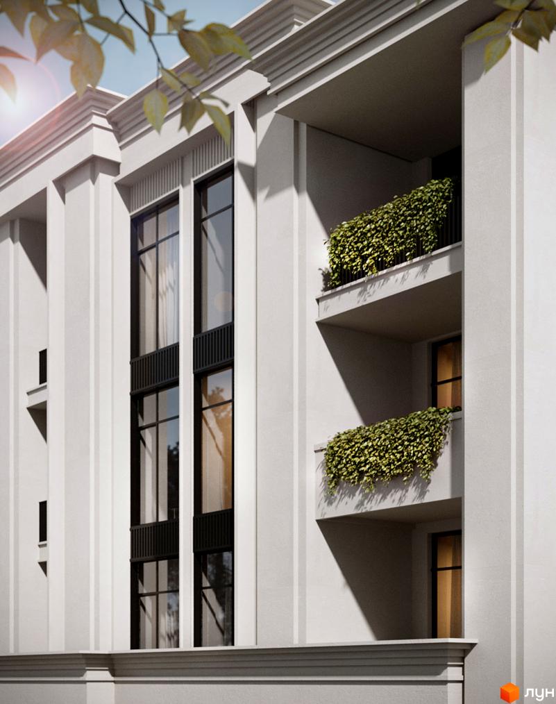 Світлий фасад Житлового комплексу PANORAMA з великими вікнами та балконами, прикрашеними зеленими рослинами.