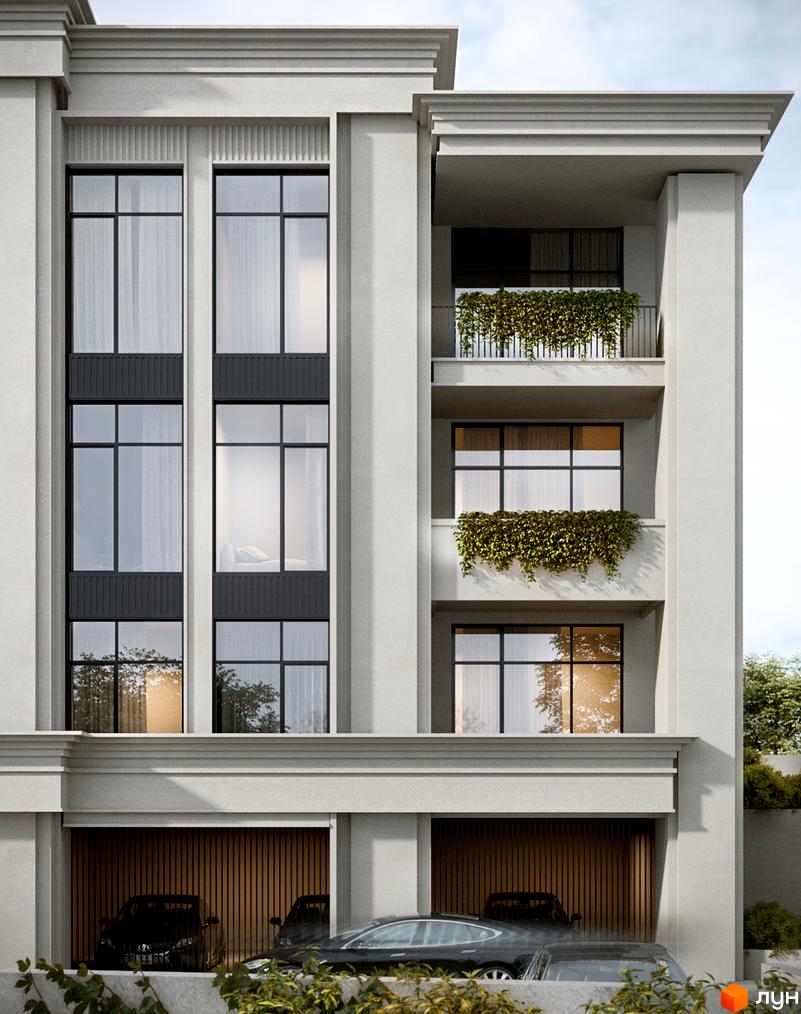 Фасад Житлового комплексу PANORAMA з великими вікнами та балконами з рослинами. На першому поверсі видно гаражі з дерев'яними воротами та припарковані автомобілі.