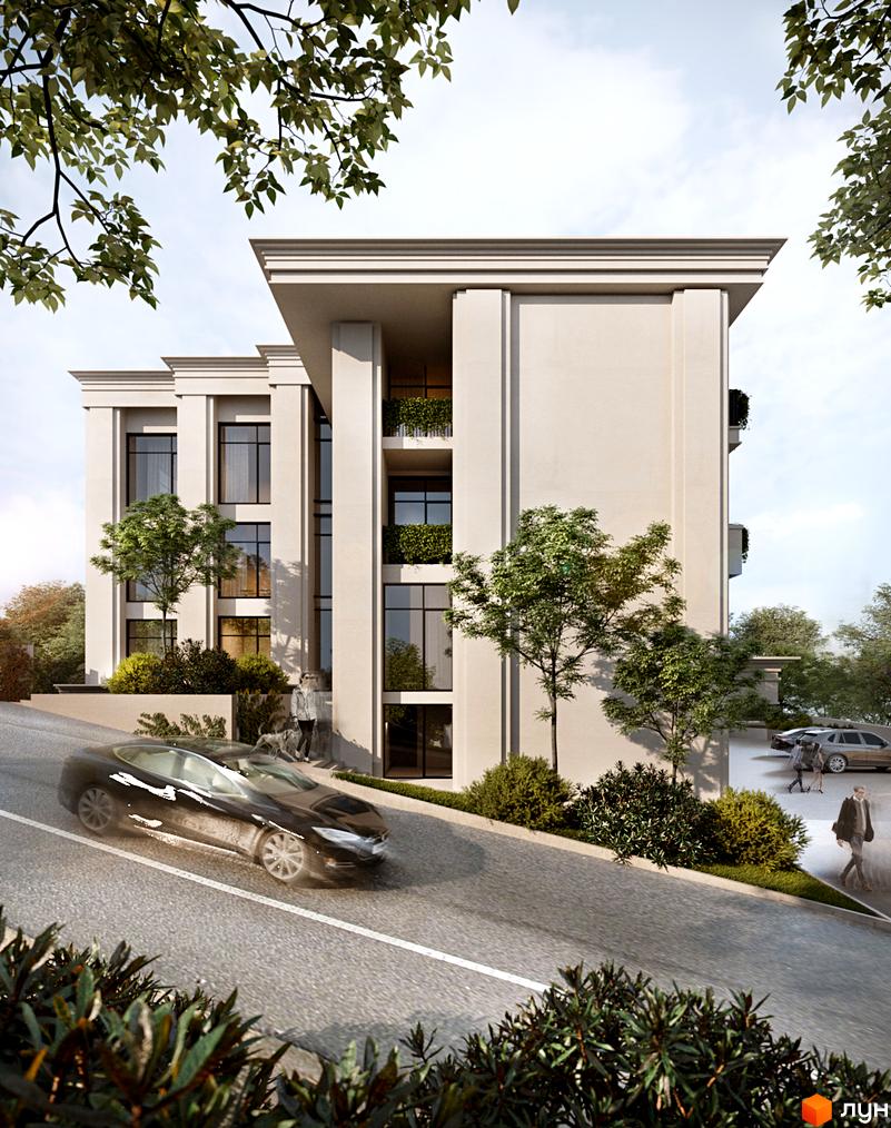 Житловий комплекс PANORAMA з бежевим фасадом, великими вікнами та зеленими балконами. Прибудинкова територія має дорогу, дерева та кущі.