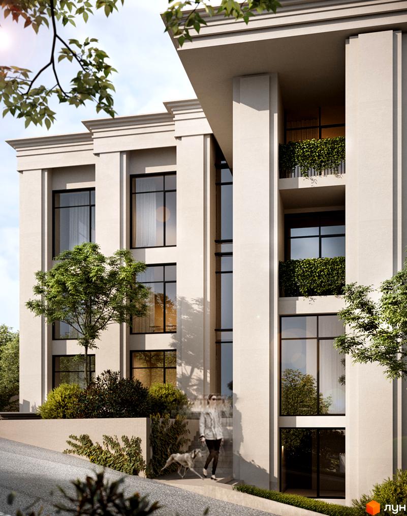 Житловий комплекс PANORAMA зі світлим фасадом, великими вікнами та балконами з рослинами. Територія навколо будинку озеленена деревами та кущами.