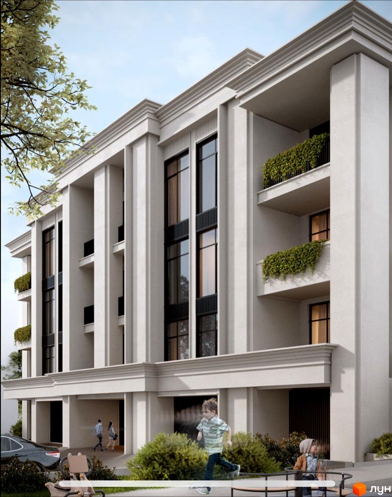 Фасад Житлового комплексу PANORAMA світлого кольору з вертикальними елементами та балконами з озелененням. На прибудинковій території видно зелені насадження та дітей, що граються.