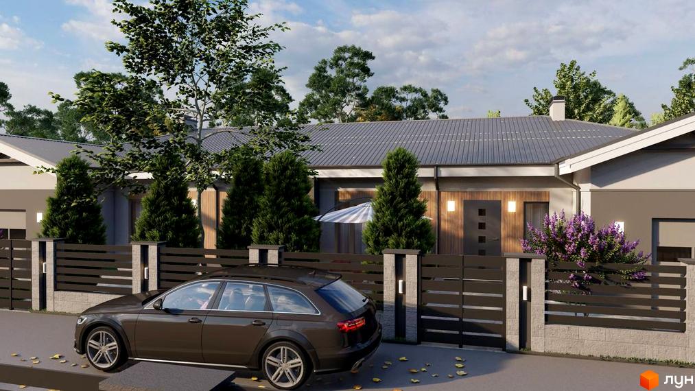 Котеджне містечко ForestRiver: одноповерховий будинок з сірим дахом та дерев'яними вставками на фасаді. Перед будинком розташована огорожа та зелені насадження.