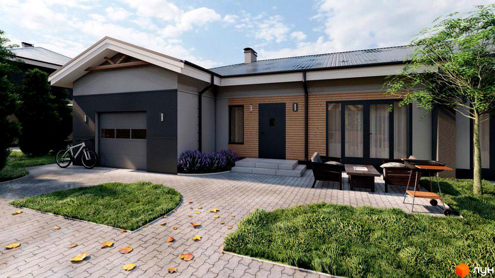 КМ ForestRiver: одноповерховий будинок з сірим фасадом, дерев'яними елементами та гаражем. Подвір'я з бруківкою, газонами та зоною відпочинку.