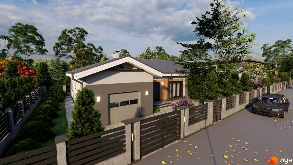 Будинок Котеджного містечка ForestRiver з сірим фасадом, темним дахом та вбудованим гаражем. Територія огороджена парканом, має зелені насадження та вимощені доріжки.