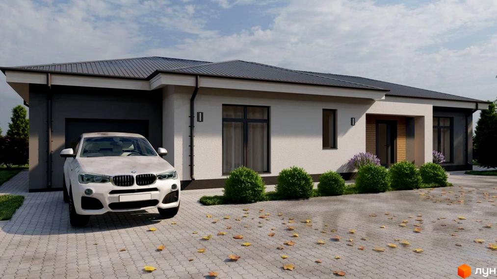 Зображення будинку в Котеджному містечку ForestRiver. На передньому плані білий автомобіль, а перед будинком висаджені кущі.