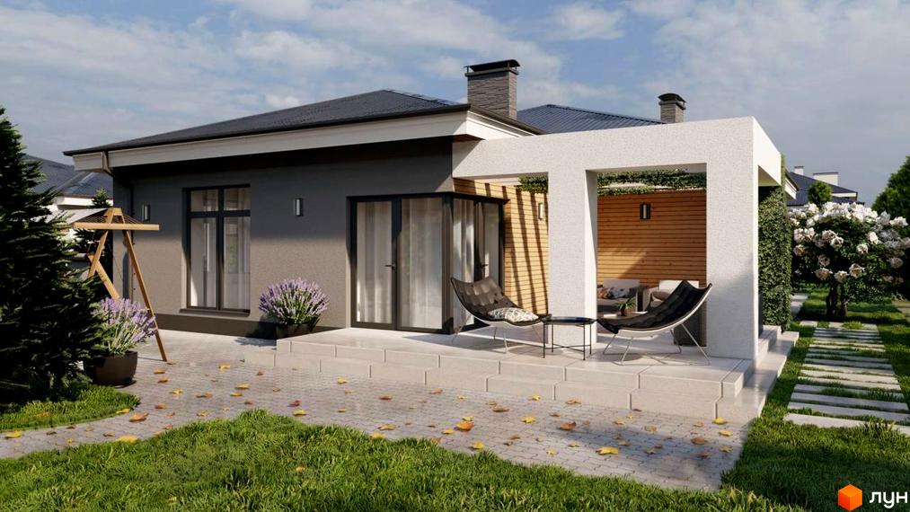 Будинок у Котеджному містечку ForestRiver з темно-сірим фасадом та великими вікнами. На прибудинковій території зелений газон, вимощена доріжка та зона відпочинку з меблями.