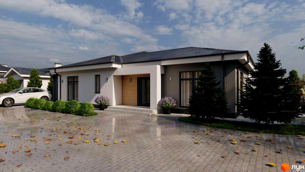 Зображення одноповерхового будинку в Котеджному містечку ForestRiver з ландшафтним дизайном та автомобілем на подвір'ї.