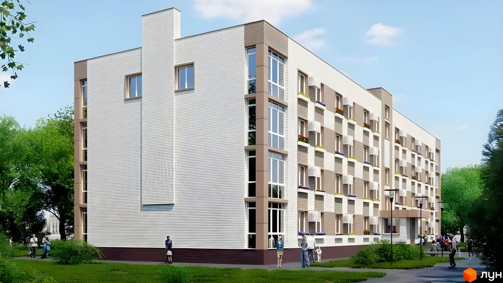 Житловий комплекс Олександрівський: багатоповерховий будинок з біло-сірим фасадом та великими вікнами. Навколо зелена територія з деревами.