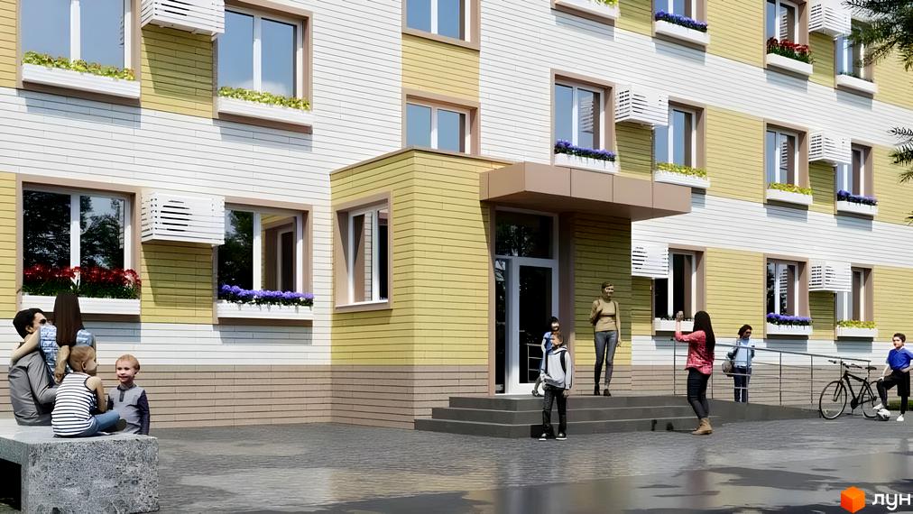 Зовнішній вигляд новобудови ЖК Олександрівський з вікнами та квітниками. На прибудинковій території видно людей та велосипед.