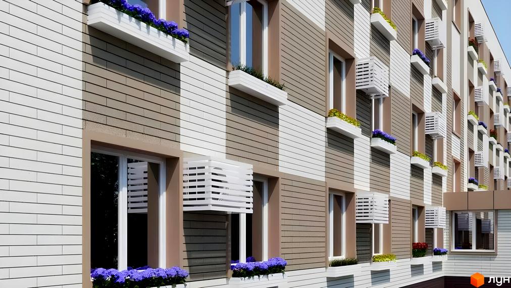 Житловий комплекс Олександрівський: фасади будівель з білою та коричневою обшивкою, вікнами та квітковими ящиками. Детальний вигляд новобудови.