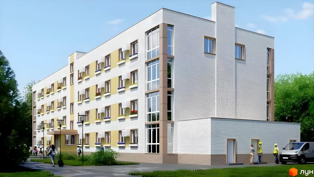 Зовнішній вигляд багатоповерхового житлового комплексу Олександрівський з біло-жовтими фасадами та квітами на балконах. Прибудинкова територія з зеленими насадженнями та доріжками.