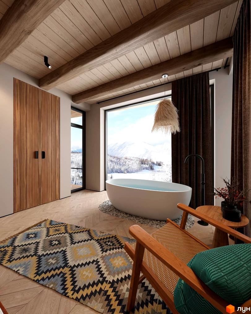 Інтер'єр ванної кімнати в Котеджному містечку Emshir Villas з великим вікном та краєвидом на засніжені гори.