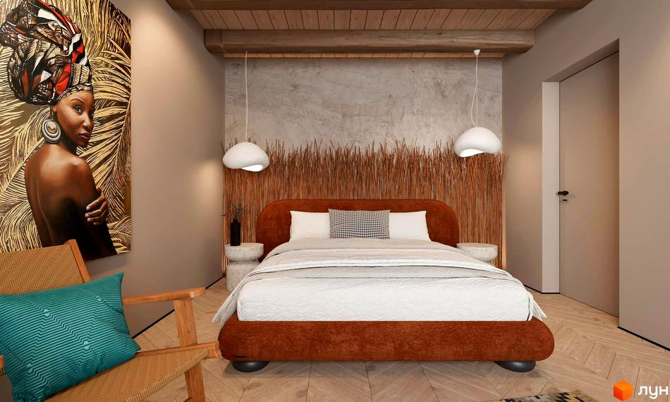 Інтер'єр спальні в Котеджному містечку Emshir Villas з великим ліжком, картиною на стіні та дерев'яним оздобленням.