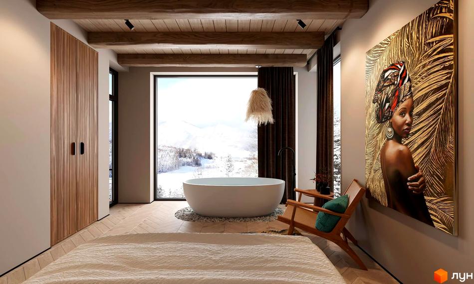 Вид з вікна вілли Котеджного містечка Emshir Villas на засніжені гори та ліс. Інтер'єр кімнати з дерев'яними балками та ванною.