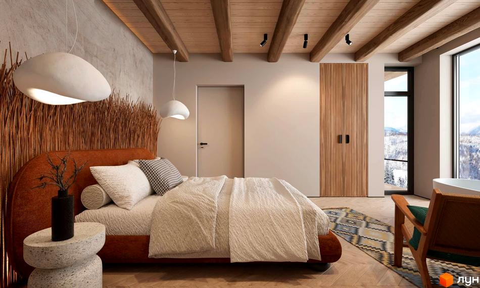 Спальня в Котеджному містечку Emshir Villas з панорамним видом на зимовий ліс та гори. Інтер'єр містить дерев'яні балки та природні матеріали.