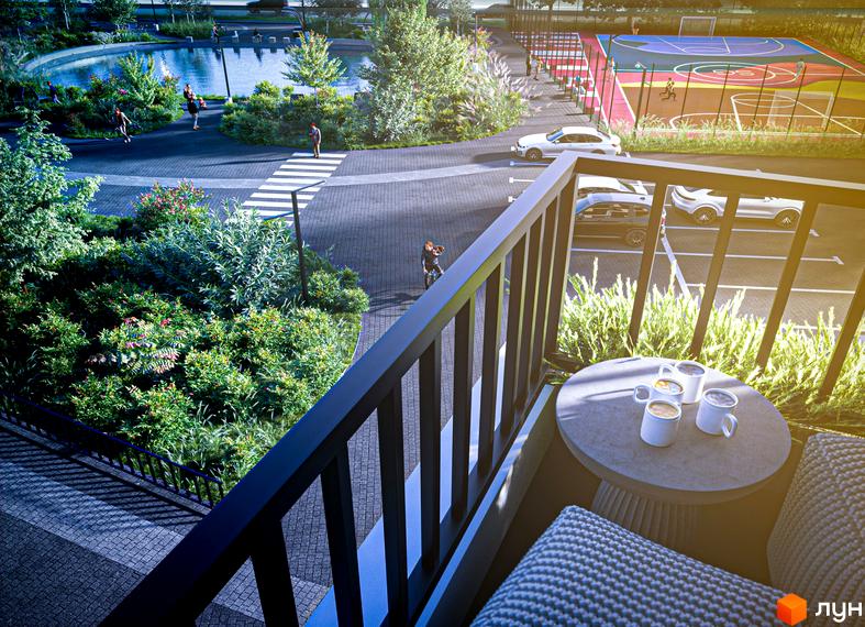 Житловий комплекс SKYGARDEN з зоною відпочинку біля води та спортивними майданчиками. Балкон з кавовим столиком та подушками.