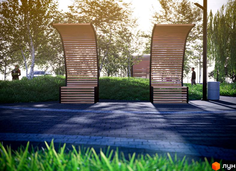 Житловий комплекс SKYGARDEN: сучасні лавки з дерев'яними елементами та навісом на тлі зеленої зони та дерев. Територія біля будинку облаштована доріжками та газоном.
