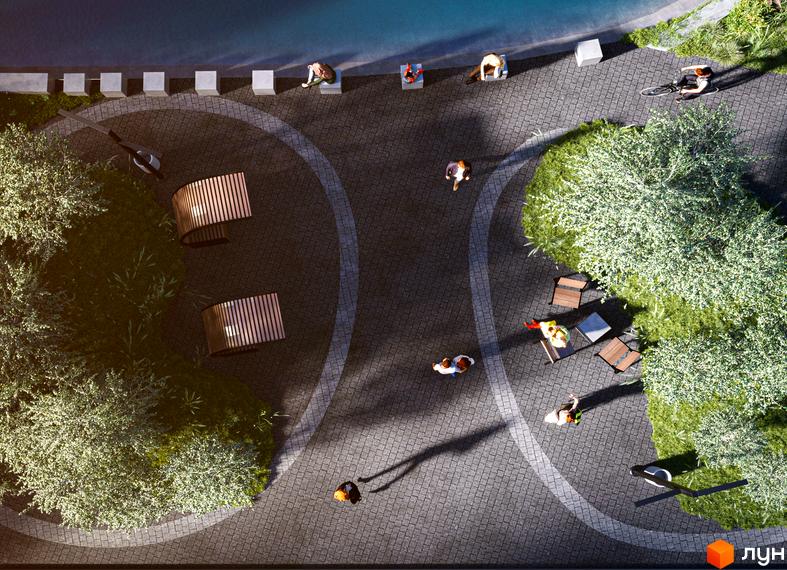 Житловий комплекс SKYGARDEN: вид зверху на доглянуту прибудинкову територію з зонами відпочинку та пішохідними доріжками.