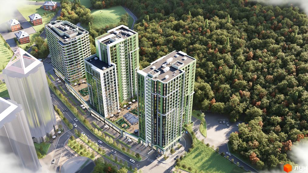 Житловий комплекс Park Life: три висотні будинки із зеленими фасадами та облаштованою прибудинковою територією. Поруч лісопаркова зона.