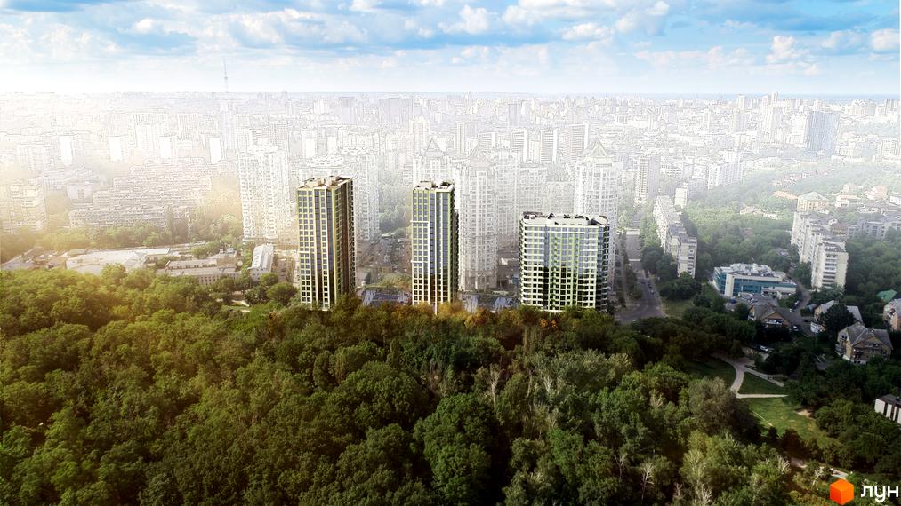 Житловий комплекс Park Life - три висотні будівлі з зеленою обробкою фасаду, розташовані серед дерев та міського пейзажу. Комплекс оточений зеленню, що створює гармонійне поєднання з природою.