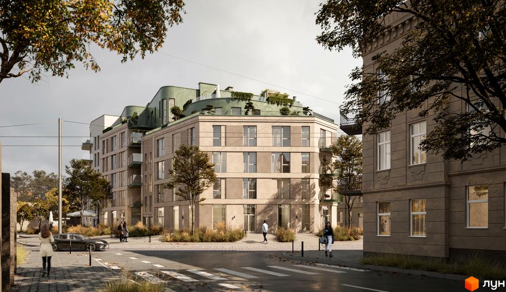 Житловий комплекс D2 має світлий фасад, округлий зелений дах з озелененням. Навколо будинку облаштована прибудинкова територія з деревами та пішохідними зонами.