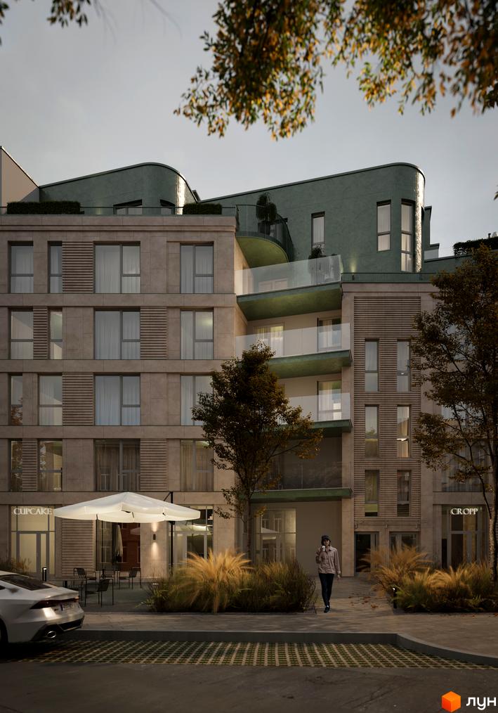 Зображення фасаду та прибудинкової території Житлового комплексу D2. На передньому плані пішохідна зона з деревами та кущами.