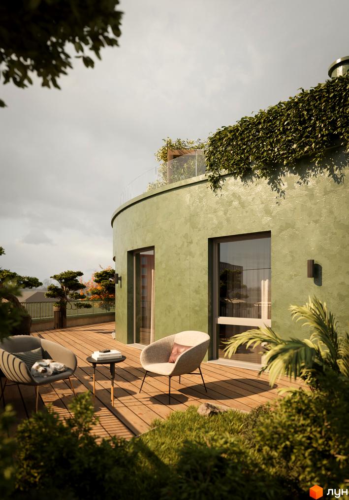 Зображення тераси на даху Житлового комплексу D2 з озелененням. Вигляд на лаунж зону з плетеними кріслами та столиком.