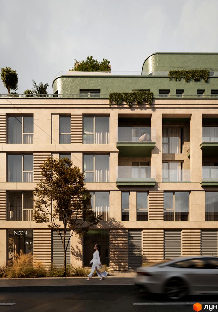 Фасад Житлового комплексу D2 виконаний у світлих тонах з великими вікнами та зеленими балконами. На даху та біля входу багато рослинності, поруч проїжджає авто.