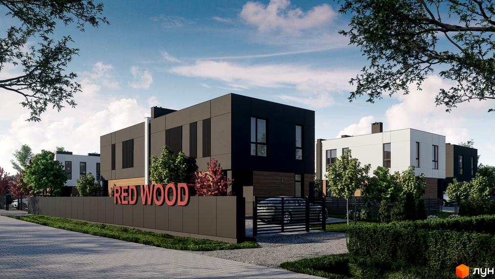 Котеджне містечко Red Wood. Сучасні будинки з чорними та білими фасадами, огороджена територія з доглянутими кущами та деревами.