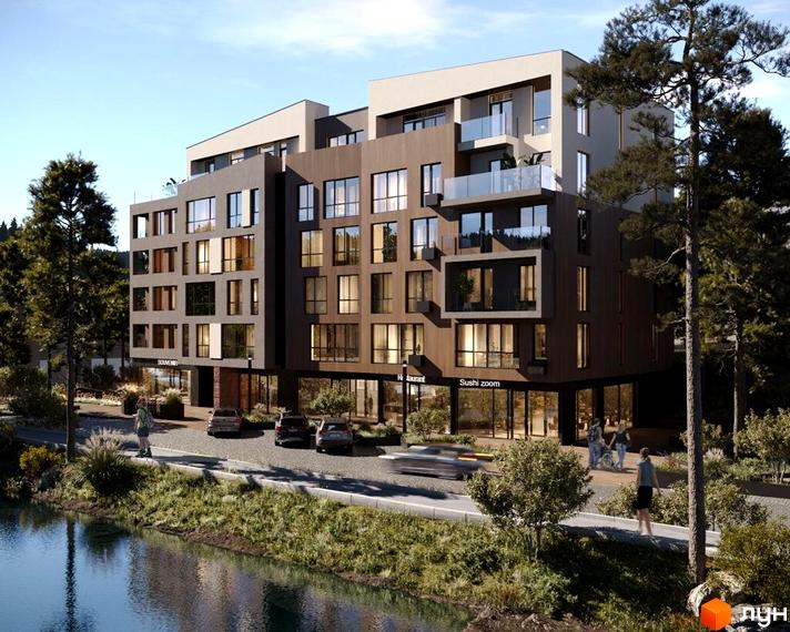 Багатоповерховий будинок ЖК Forest Residence Polyana з панорамними вікнами та комерційними приміщеннями на першому поверсі. Навколо будинку розташована набережна та зелені насадження.