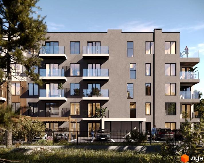 Зображення ЖК Forest Residence Polyana. Багатоповерховий будинок з балконами та великими вікнами, на прибудинковій території парковка та зелені насадження.