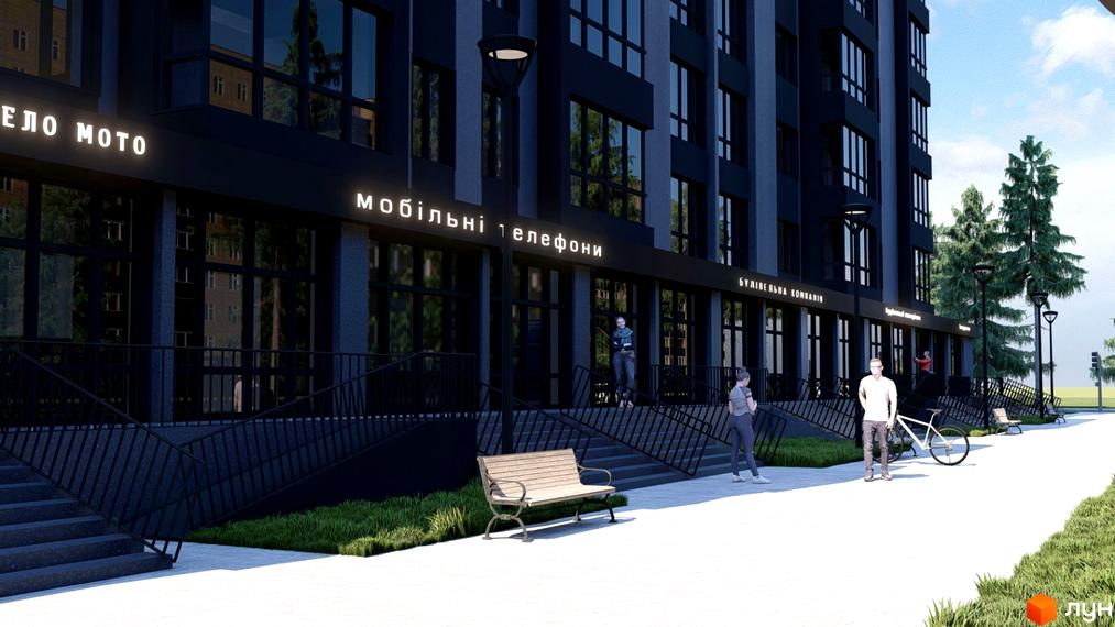 Фасад Житлового комплексу Четверта Перлина виконаний у темних тонах з великими вікнами. Перед будинком розташовані лавки, ліхтарі, зелені насадження та пішохідна зона.